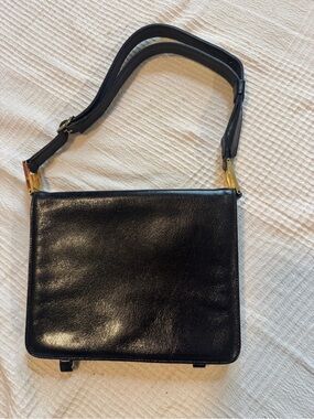 Vintage 60s Saks Black Leather Structured Shoulder Bag Gold Hardware